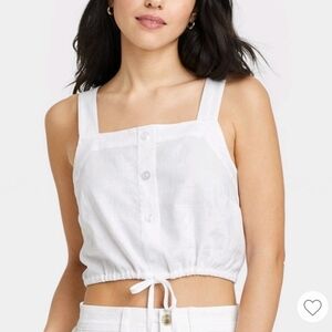 New A New Day White Button Front Apron Style Cropped Linen Blend Tank Top